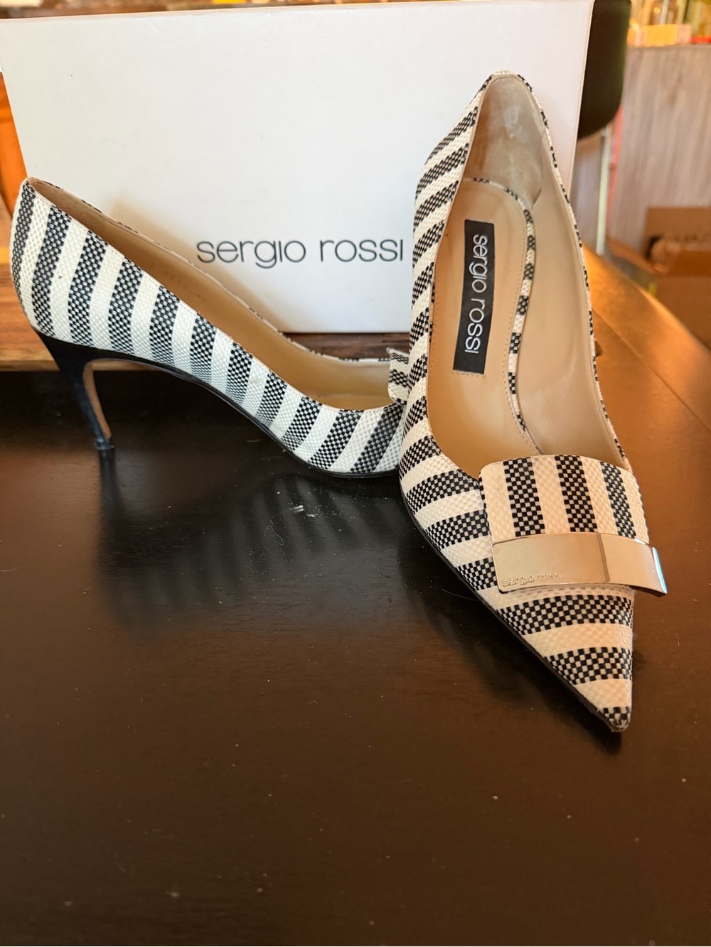 Sergio Rossi Black & White Checked Pointed Toe Flats with Metallic Accent